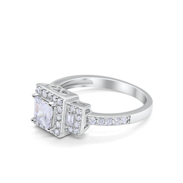 Halo Wedding Engagement Ring Round Baguette Cubic Zirconia 925 Sterling Silver